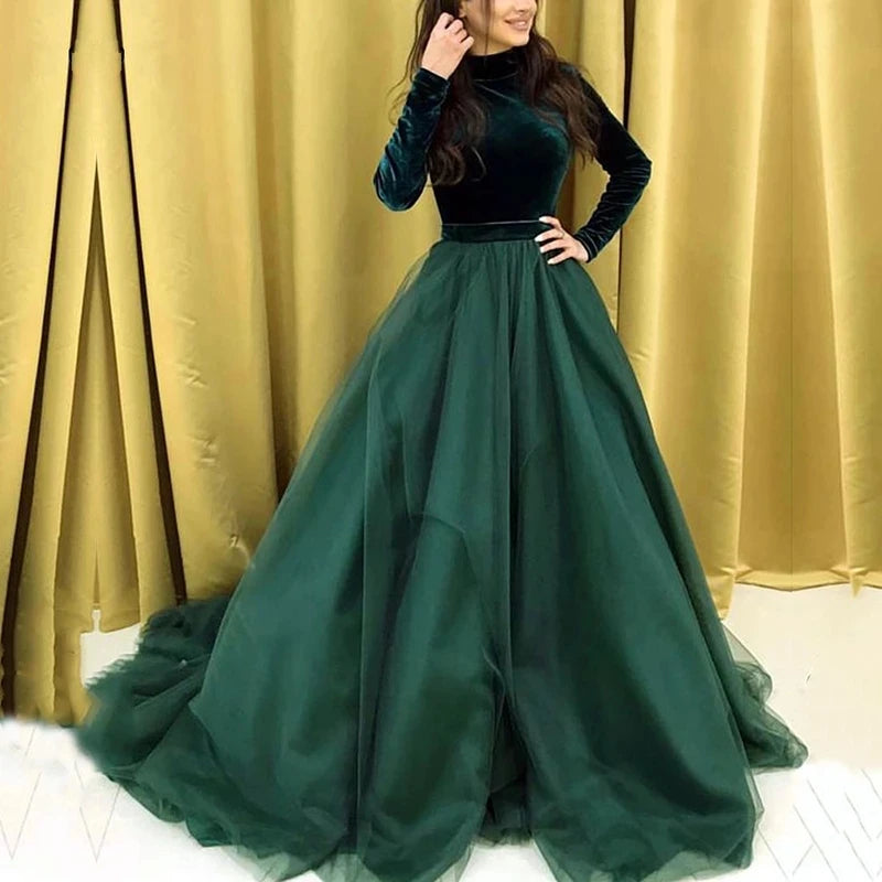 Muslim Evening Dress High Neck Long Sleeve Velvet A-Line Long Formal Dubai Arabic Kaftan Prom Party Dress Gowns Customized
