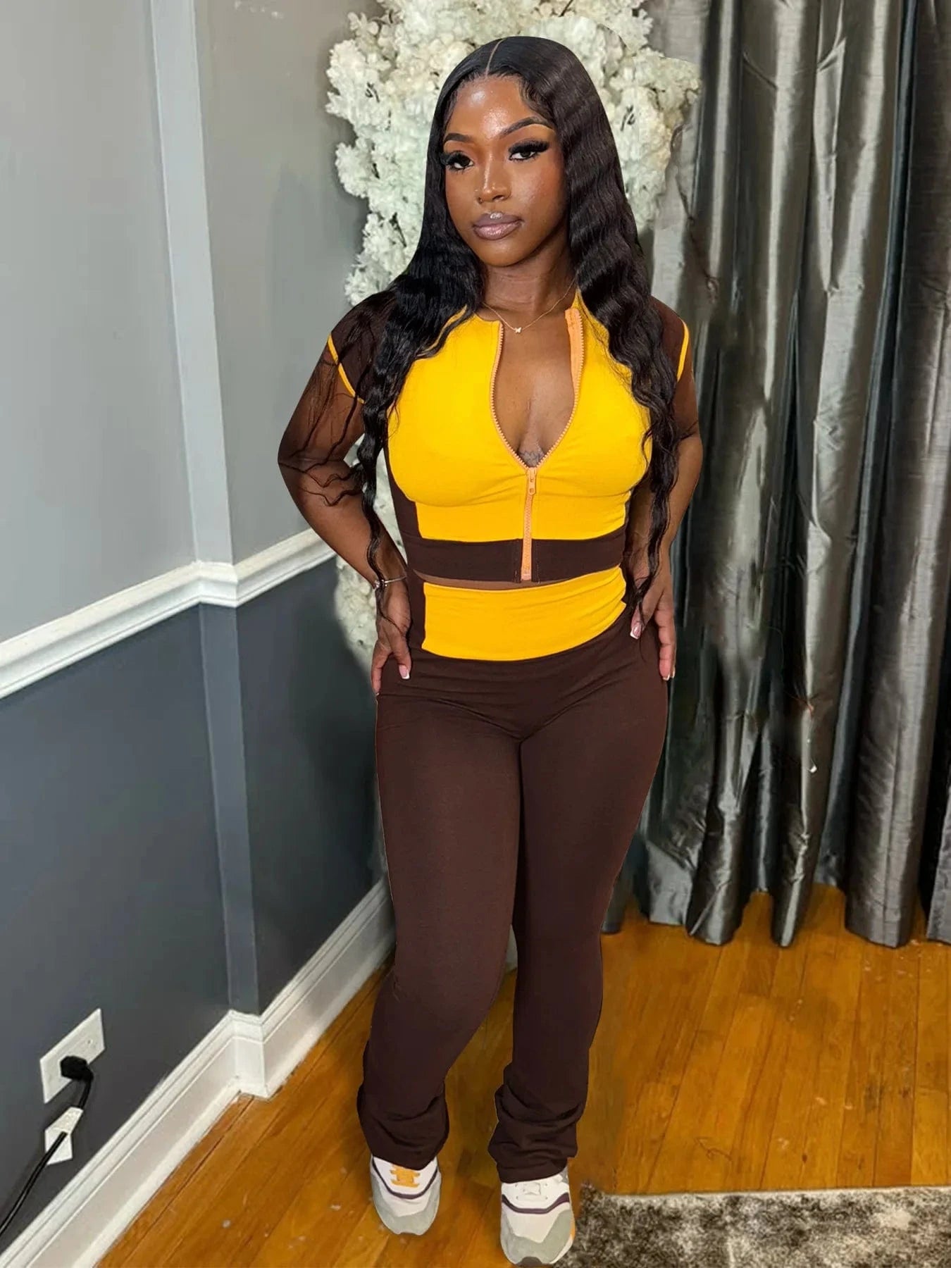 2025 New Women Spring Summer Outfit Set - Round Neck Zipper Tank Top + High Waist Flare Long Pants (Dropshipping/Wholesale)