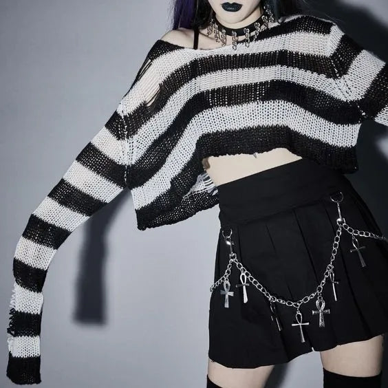 Karrram Punk Gothic Sweater Emo Tops E-girls Mall Goth Pullovers Y2k Harajuku Grunge Clothes Alt Dark Aesthetic Striped Jumpers