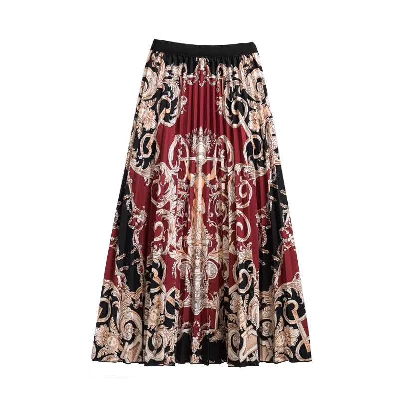 Casual Floral Midi Pleated Skirt For Women Fashion Printed Flower A Line Elastic High Waist Mid-length Skirt Female Ladies falda