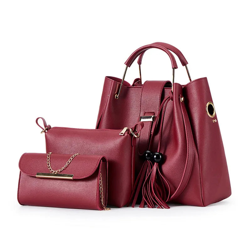 High Quality Women' s 3 Pcs Set Large Capacity Handbag Solid Color Purse Shoulder Messenger Bag Pu Leather Tote Bag