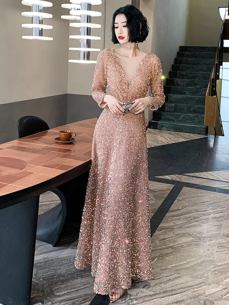 Sequined Long Sleeves Evening Dress O Neck Glitter Prom Dresses Plus Size Elegant Floor Length Vestido de noiva Customized