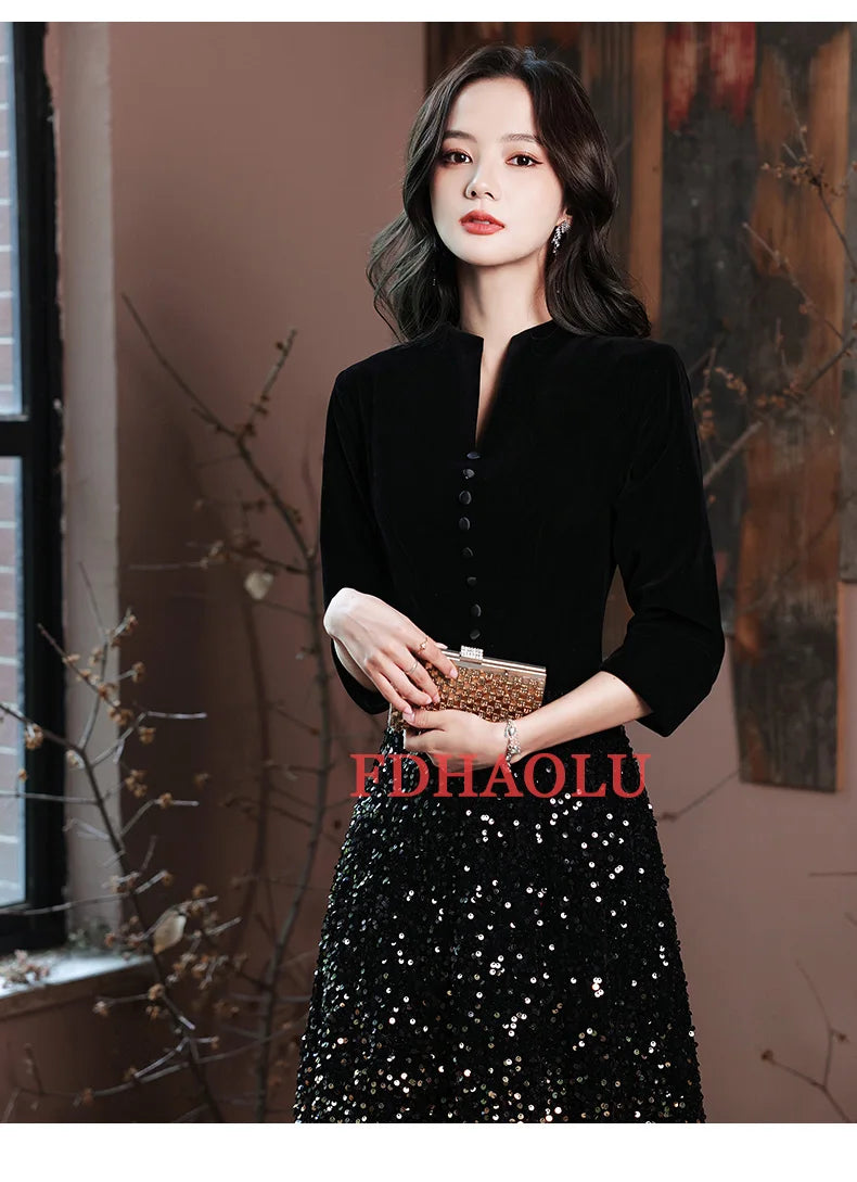 2025 Evening Dresses Elegant Black Sequins Evening Dress Long Plus Size Formal Gowns Shining robe de soiree Customized