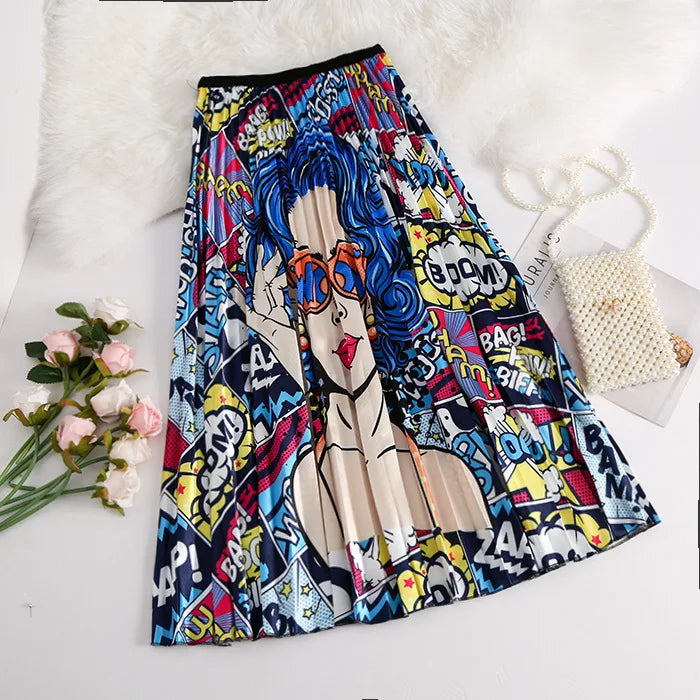 Casual Floral Midi Pleated Skirt For Women Fashion Printed Flower A Line Elastic High Waist Mid-length Skirt Female Ladies falda