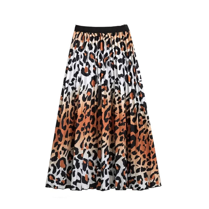 Casual Floral Midi Pleated Skirt For Women Fashion Printed Flower A Line Elastic High Waist Mid-length Skirt Female Ladies falda