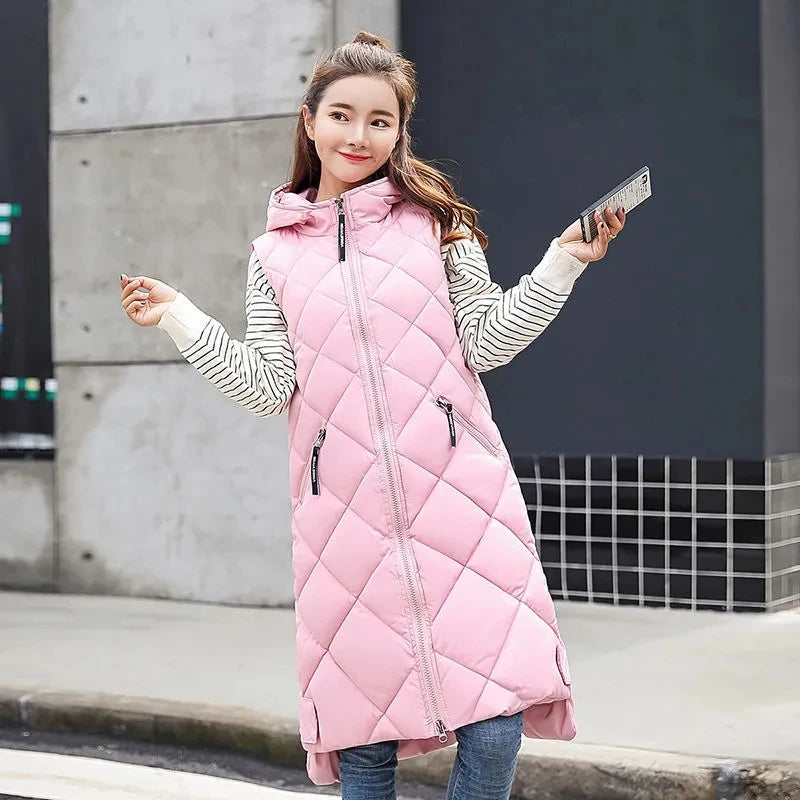 2024 New Winter Down Cotton Hooded Sleeveless Waistcoat Loose Vest Cotton Vest Long Women's Autumn Jacket Female Bisic Coats 90
