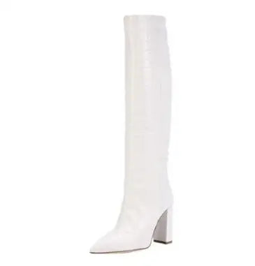 Pointed Toe Slip On Leather Knee High Boots for Women