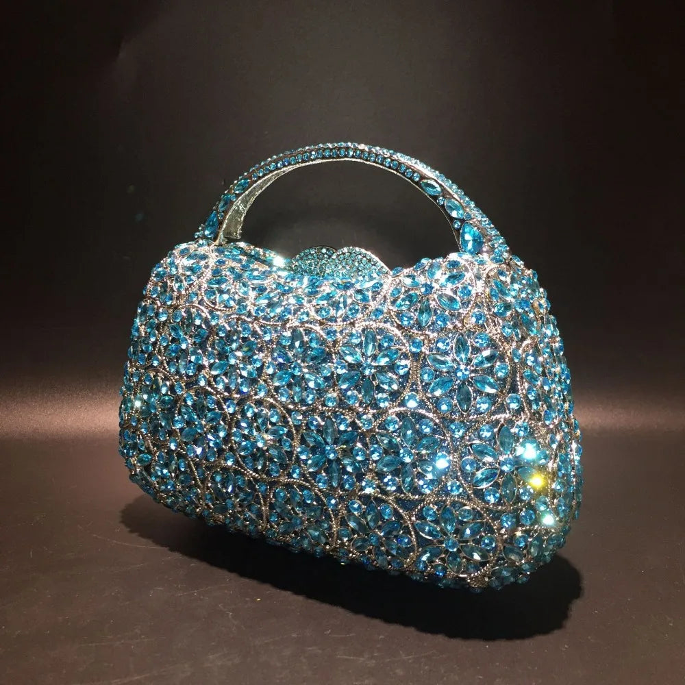 Women Champagne/Blue Color Stone Evening Bags Purses and Handbags Wedding Party Dinner Crystal Flower Clutch Bags Minaudiere Bag