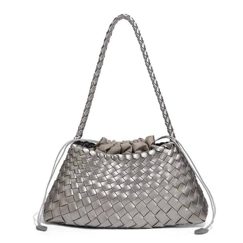 2025 Summer Luxury Woven Shoulder Bags for Ladies Fashion Handmade Woven Casual Braided Tote Hand Bag with Drawstring Purse