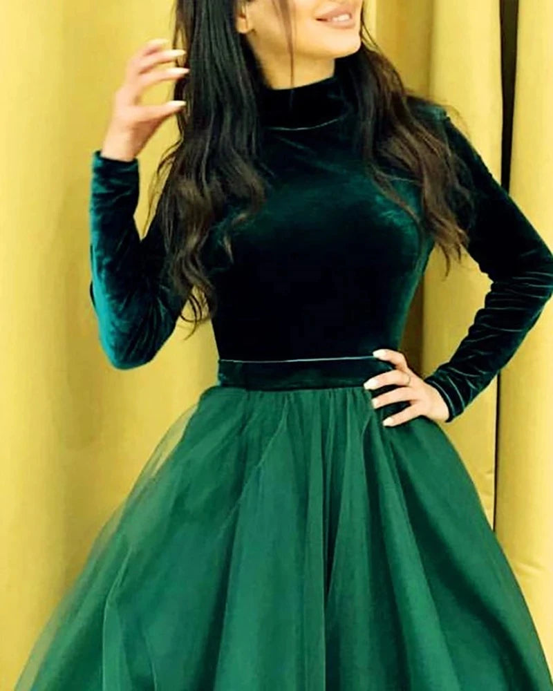 Muslim Evening Dress High Neck Long Sleeve Velvet A-Line Long Formal Dubai Arabic Kaftan Prom Party Dress Gowns Customized