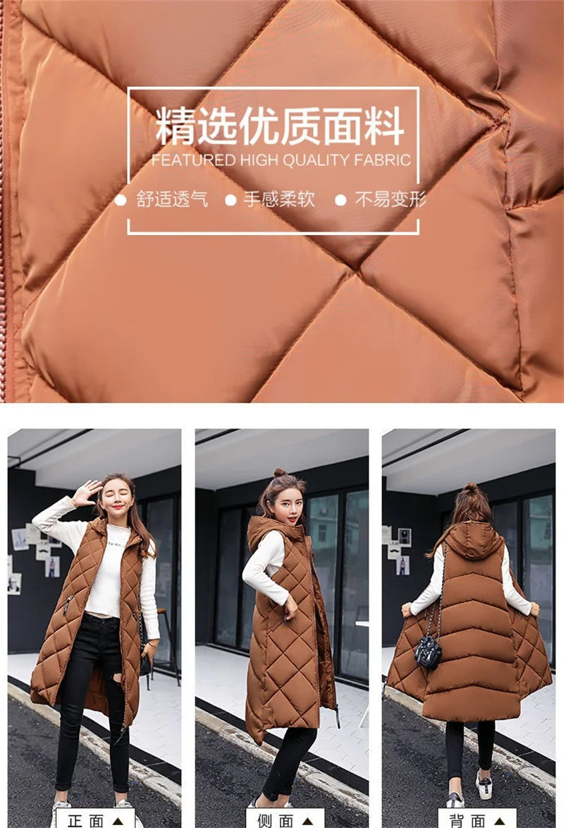 2024 New Winter Down Cotton Hooded Sleeveless Waistcoat Loose Vest Cotton Vest Long Women's Autumn Jacket Female Bisic Coats 90