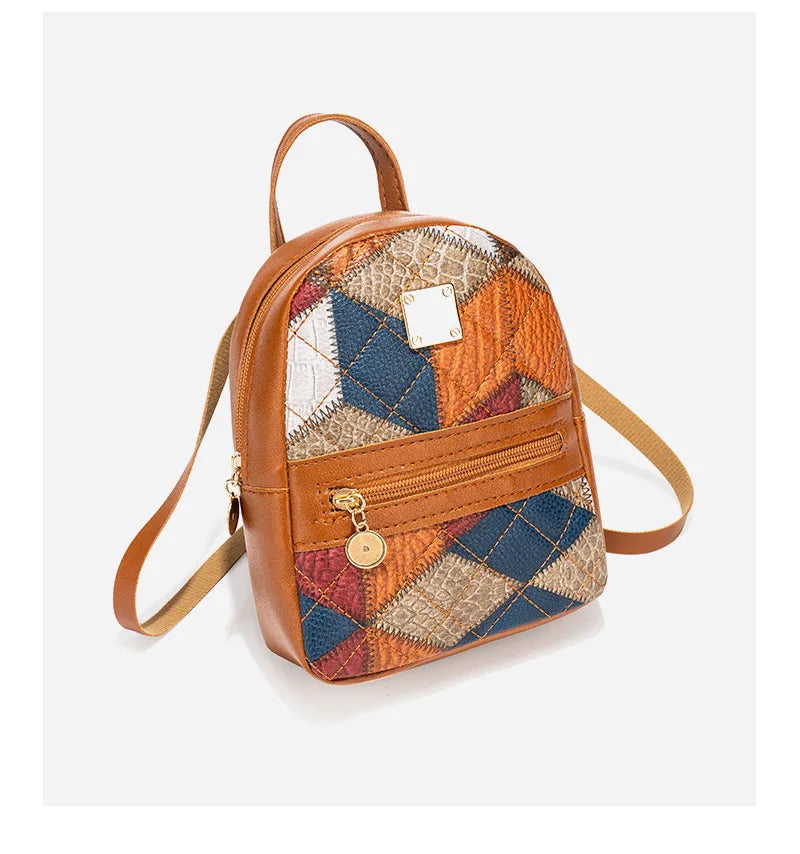 2025 New Women's Mini Backpack Vintage Geometric Pattern Backpacks Portable Small Schoolbag Shoulder Bag Students Summer Spring