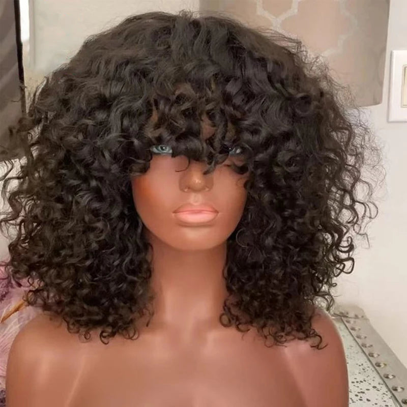 Short Bob Curly Human Hair Wigs Ombre Brazilian Remy Hair WIgs With Bangs Full Machine Made 180% Density Wigs For Black Women