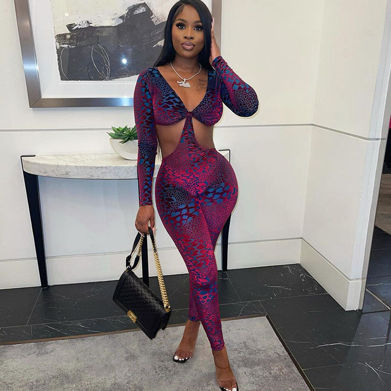 Sexy Hollow Out Rompers Womens Jumpsuit Long Sleeve Snakeskin Printed Club Wear Skinny Slim Party Jumpsuits Bodycon Overalls
