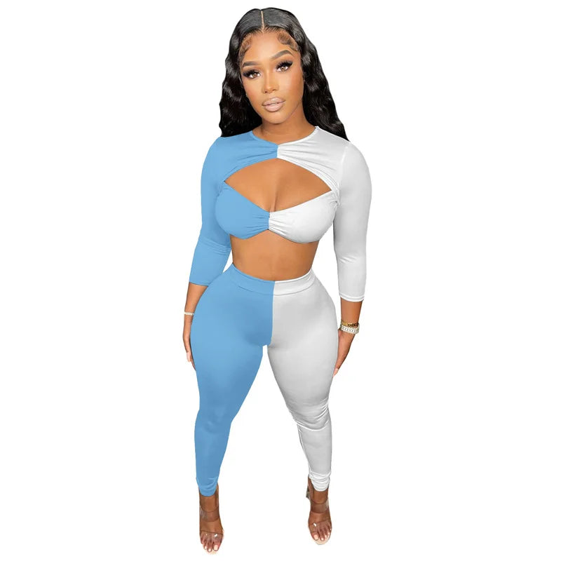Color Block Patchwork Two Piece Set Women Cut Out Crop Top and Pants Leggings Club Outfits for Women Matching Sets Tracksuit