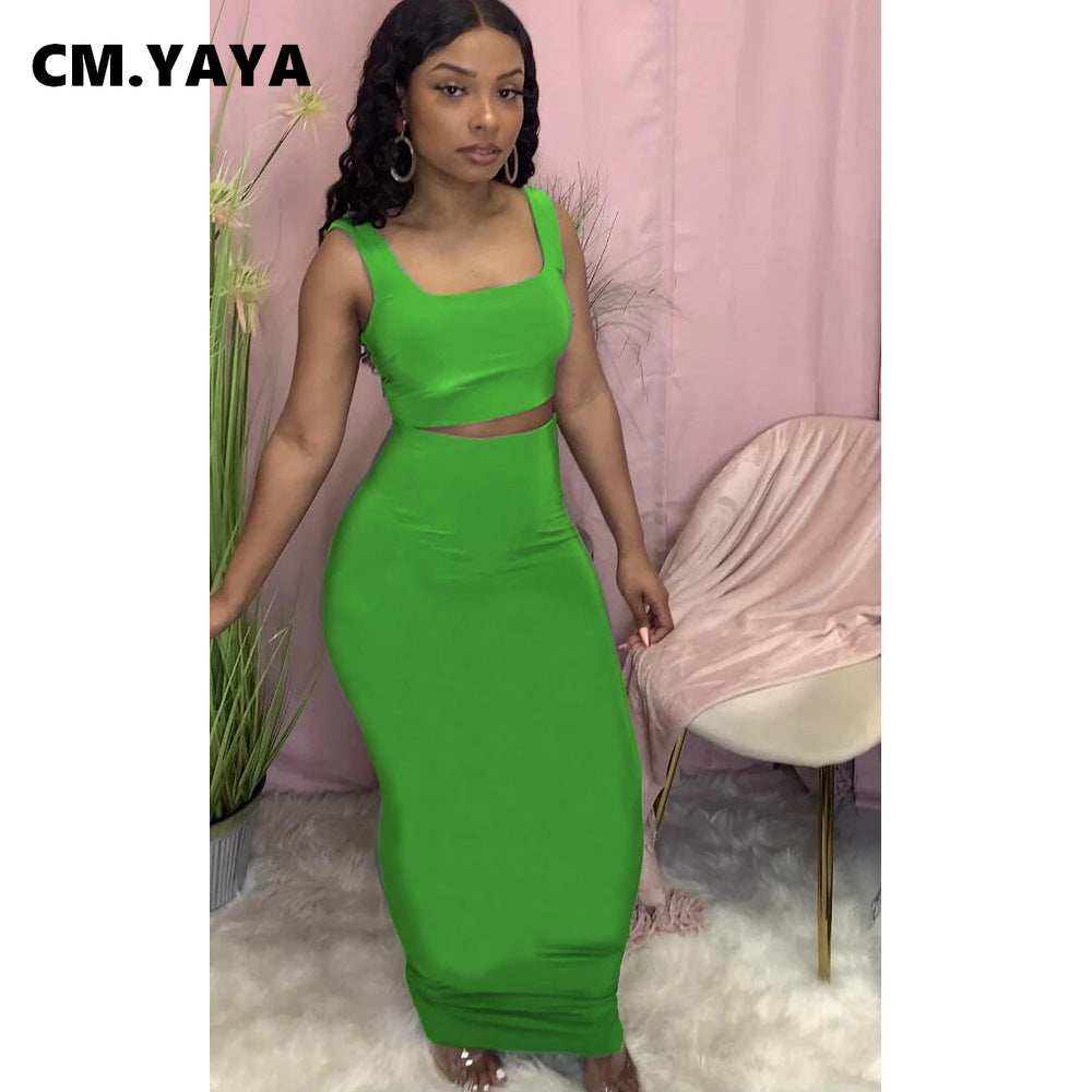 CM.YAYA Women Set Solid Sleeveless Strap Square Collar Crop Tops Stretchy Long Skirts Two Piece Set Sexy Fashion Outfits Summer