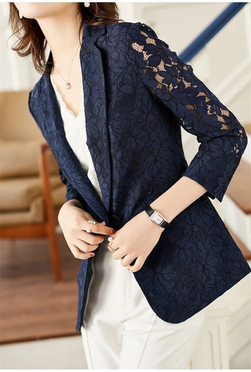 Size 6XL Lace Suit Jacket Female 2021 Autumn And Summer Temperament Sunscreen Hollow Blue Ladies Blazer Women Tops Elegant