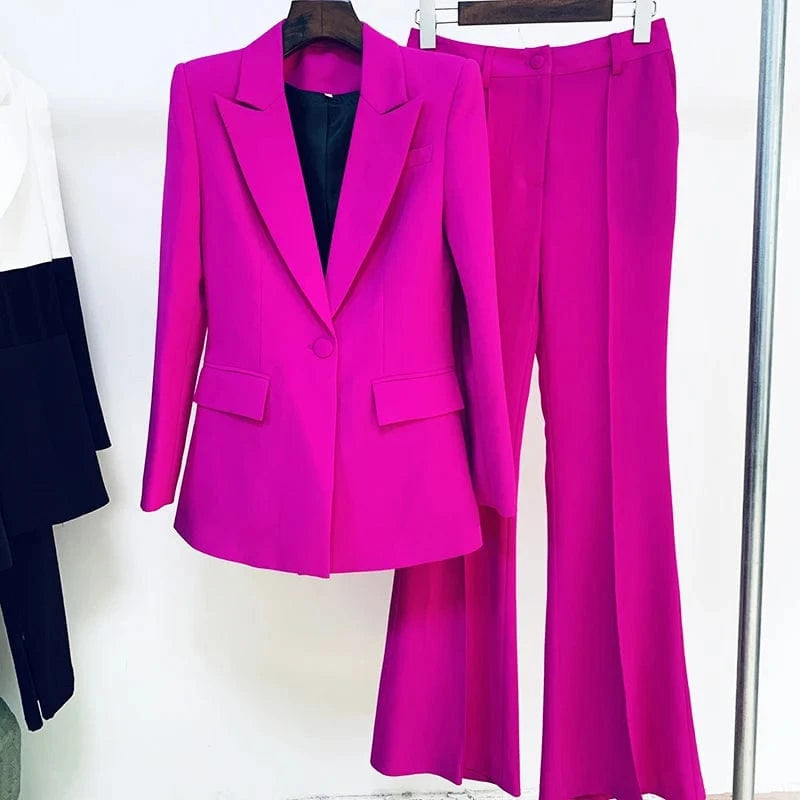 HIGH STREET Newest 2024 Runway Designer Suit Set Women's Single Button Blazer Flare Pants Suit
