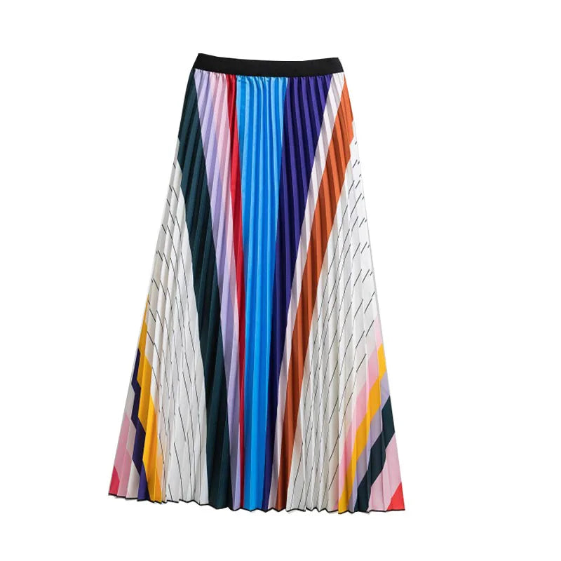Casual Floral Midi Pleated Skirt For Women Fashion Printed Flower A Line Elastic High Waist Mid-length Skirt Female Ladies falda