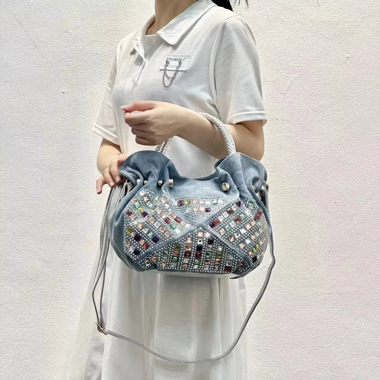 Fashion Diamond Set Denim Women's Bag Canvas Tote Girl Denim Trend Bag Crossbody Denim Blue 2024 New Model