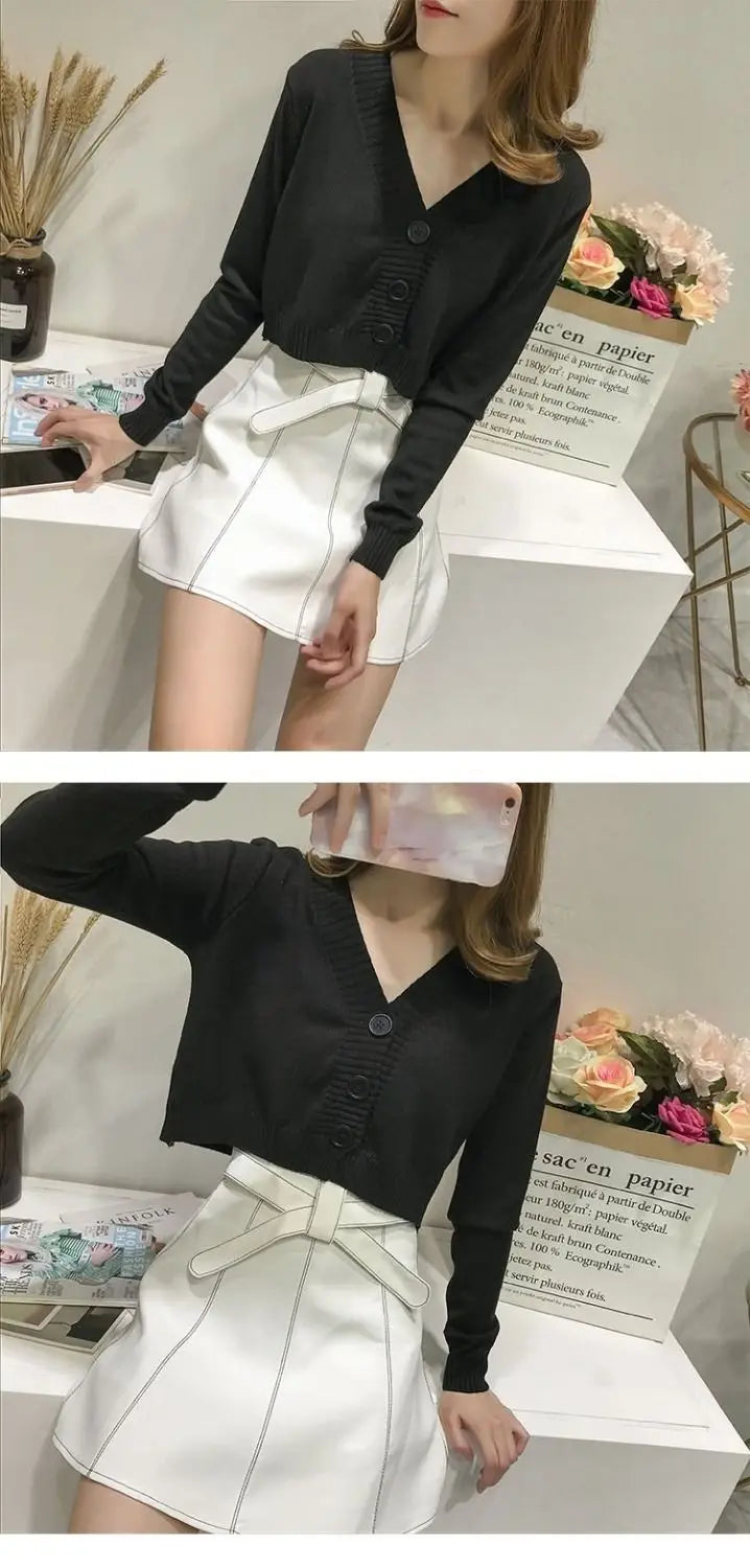 Knitted Cropped Cardigan Women Korean Short Sweater Long sleeve Crop Top V neck Fashion Y2k Clothes Green Blue