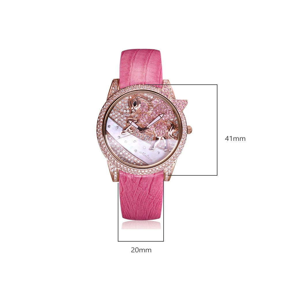 Luxury Unicorn Melissa Women's Watch Rhinestone Crystal Fashion Hour Real Leather Bracelet Clock Girl's Birthday Gift Box