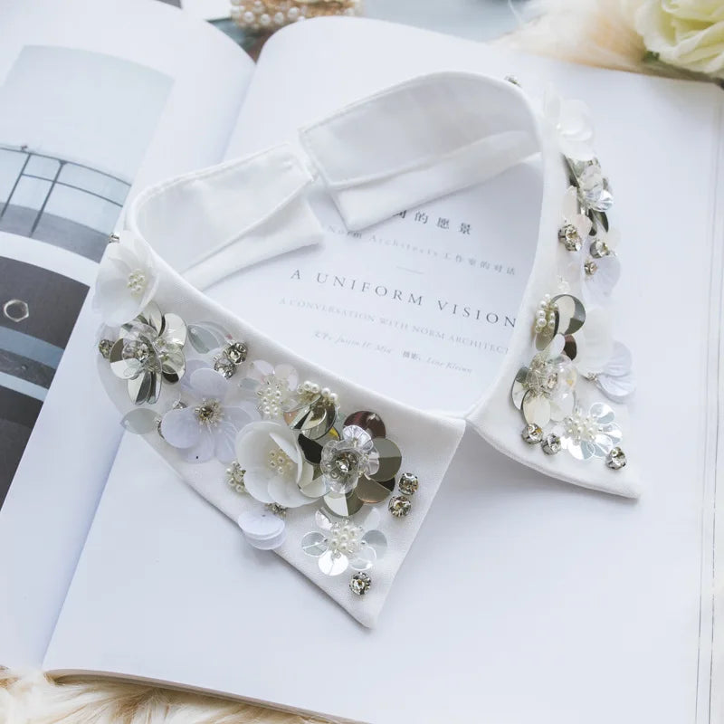 Fashion Women Sequins Detachable Collars Faux White Black False Collars Woman Tie Fashion Removable Diamond Fake Collar Women