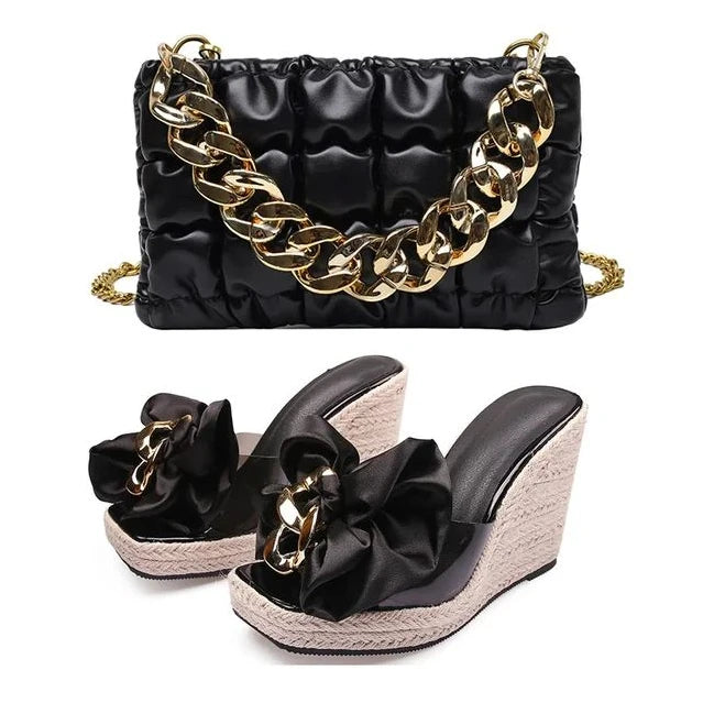 2025 New Style Designer Luxury Ladies Slippers Shoes Bag Set High Quality Women Pumps Chain Sandals Shoes Purse Set