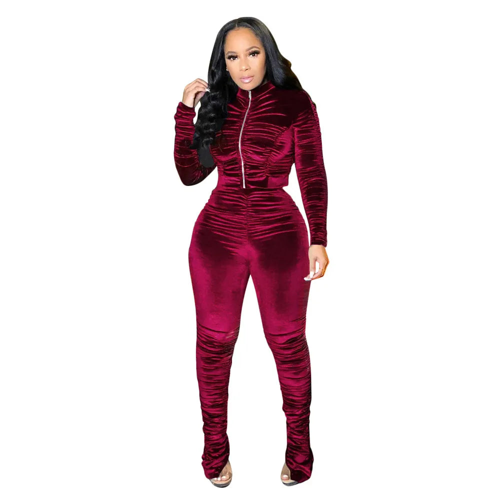 Autumn Winter Velvet Tracksuit Women Clothing Sets Ruched Casual Two Piece Set Top and Pants Sweat Suits Velour 2 Piece Outfits