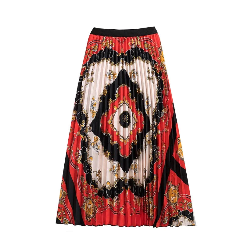 Casual Floral Midi Pleated Skirt For Women Fashion Printed Flower A Line Elastic High Waist Mid-length Skirt Female Ladies falda