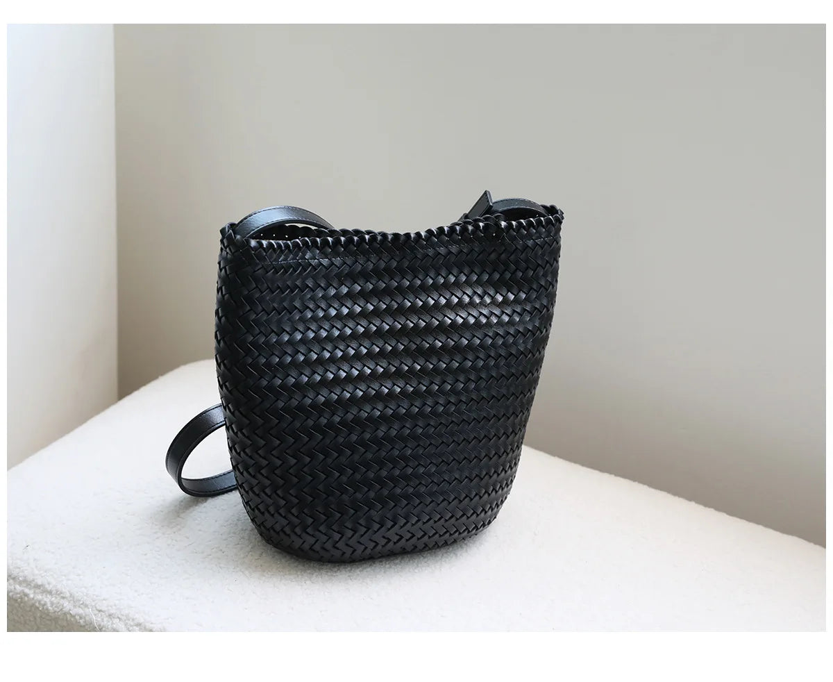 Luxury Vintage PU Leather Braided Bucket Bag for Women New High-End Hand-Woven Single-Shoulder Crossbody Bag Foldable Durable