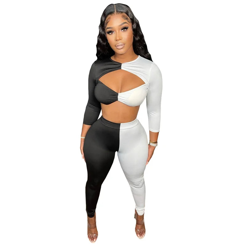Color Block Patchwork Two Piece Set Women Cut Out Crop Top and Pants Leggings Club Outfits for Women Matching Sets Tracksuit