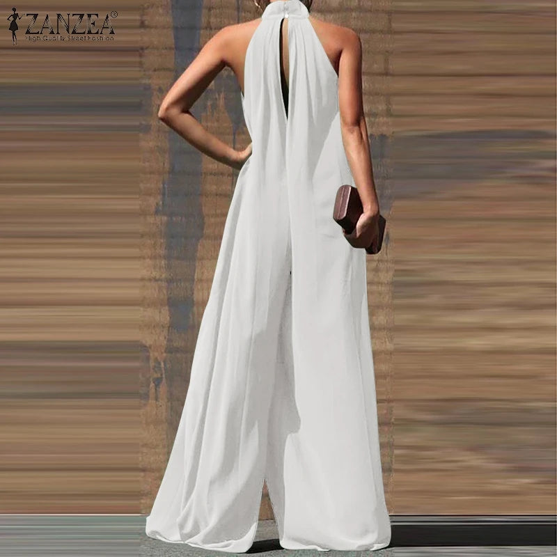 ZANZEA 2024 Summer Women Party Elegant Jumpsuits Wide Leg Rompers Solid Color Wide Leg Playsuits Holiday Chic Sleeveless Overall