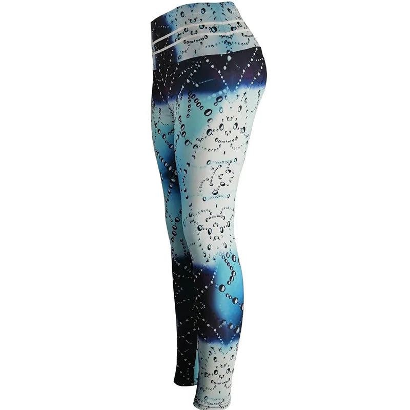FCCEXIO Shinny Water Droplets Print Women Pants Push Up Running Sports Leggings Slim Pants Female Casual Trousers Fitness Leggin