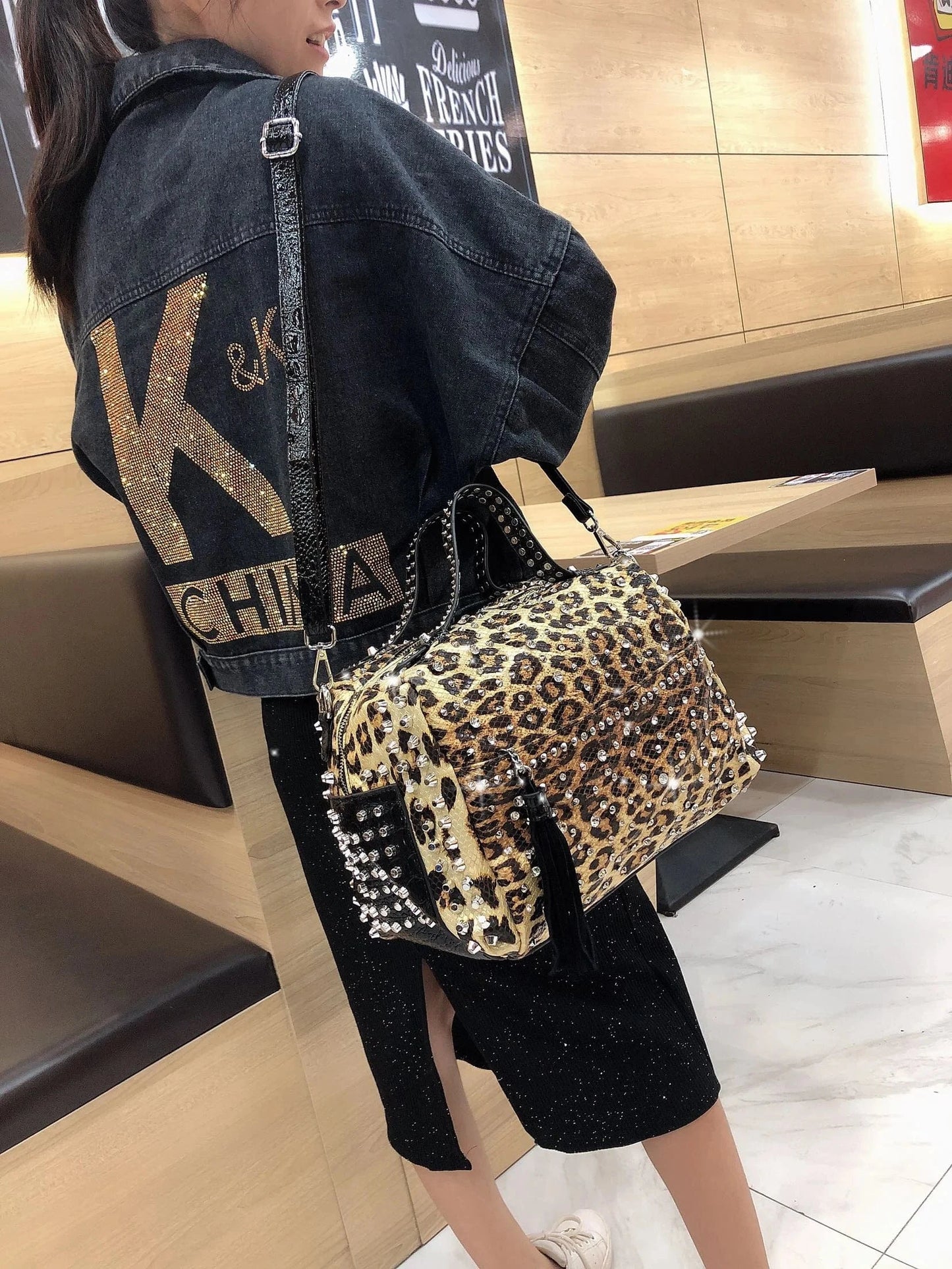 New Trend Handbags Personality Fashion Retro Leopard Rhinestone Handbag Rivet Shoulder Bag Ladies Casual Handbag Messenger Bag