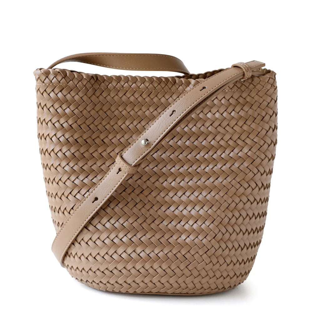 Luxury Vintage PU Leather Braided Bucket Bag for Women New High-End Hand-Woven Single-Shoulder Crossbody Bag Foldable Durable