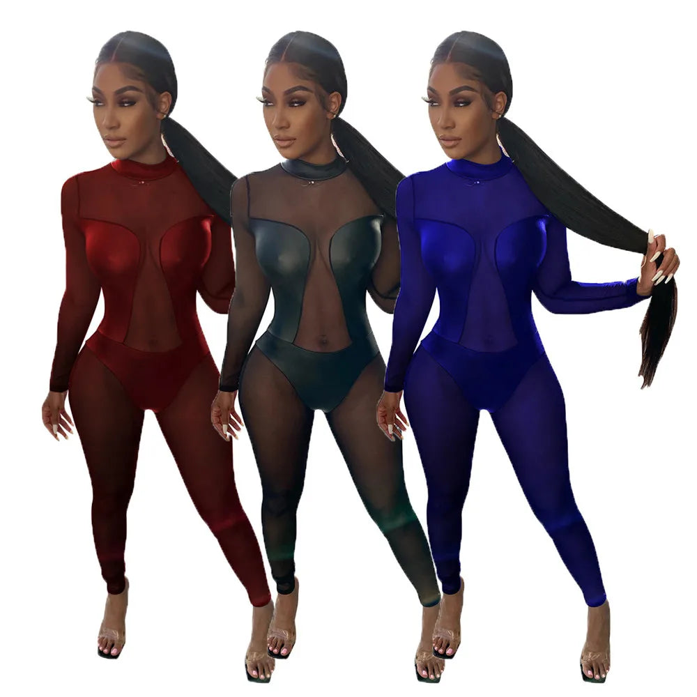 PU Leather Patchwork Mesh Jumpsuit for Women Bodycon Romper Long Sleeve See-through Night Out Club Party Jumpsuit Body Overalls