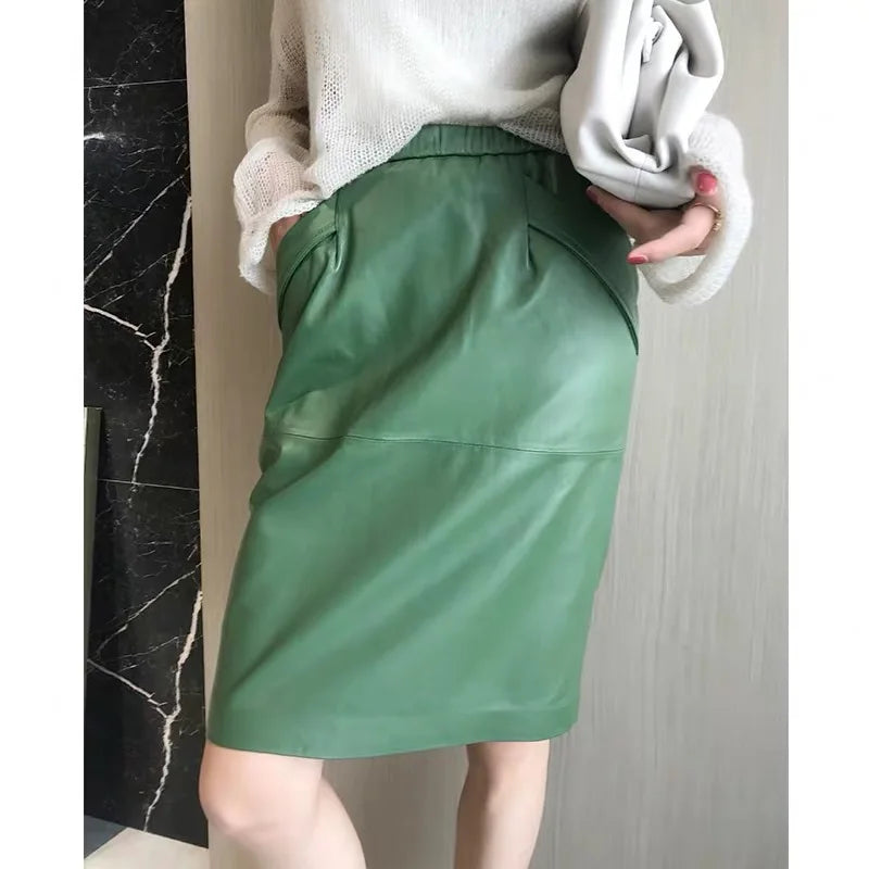 Leather Skirt Women With Pockets Midi Skirts Womens 2025 New Genuine Black And Green Sheepskin Leather Pencil Skirt Hgh Waist