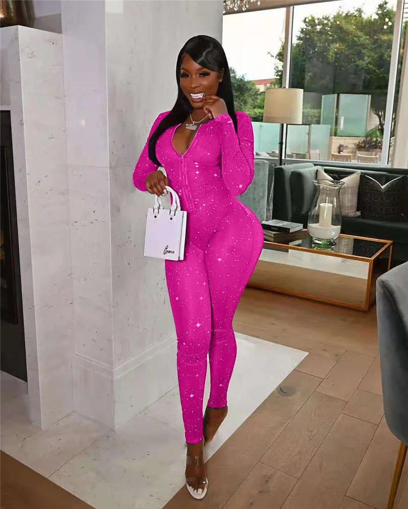 Galaxy Print Mesh Sheer Jumpsuit Women Overalls Front Zipper V-neck Bodycon Rompers Sexy Midnight Clubwear One Piece Outfits