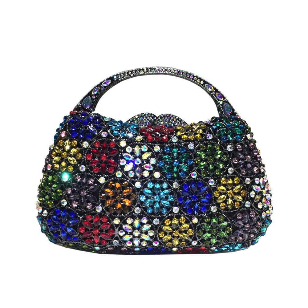 Women Champagne/Blue Color Stone Evening Bags Purses and Handbags Wedding Party Dinner Crystal Flower Clutch Bags Minaudiere Bag
