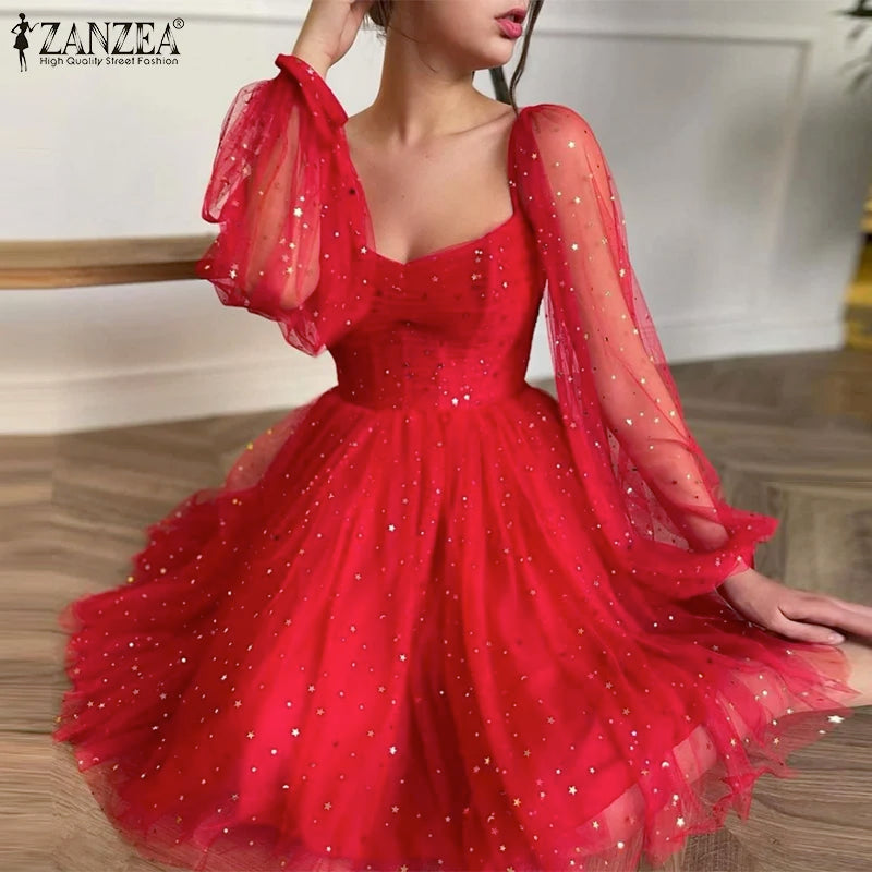 ZANZEA Elegant Women Dress 2024 Spring Summer Lace Patchwork Knee Length Dresses Casual Solid Long Sleeve A-line Oversized Robe