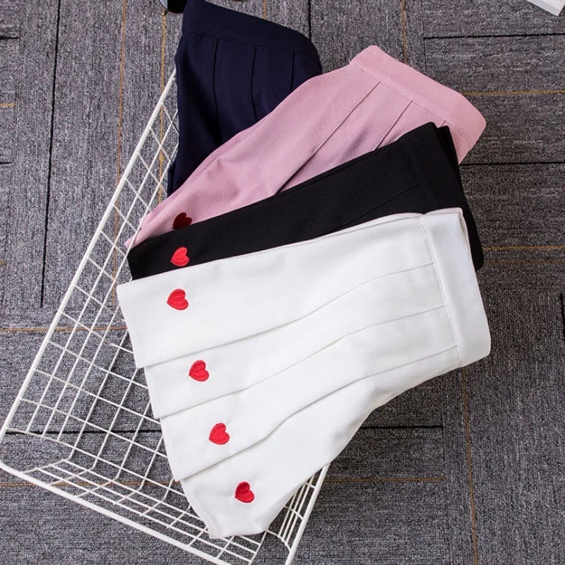 Black Heart Embroidery Pleated Mini Skirt Women Summer Girl High School Student Skirt Sweet High Waist Skirt Aline Saia Feminina