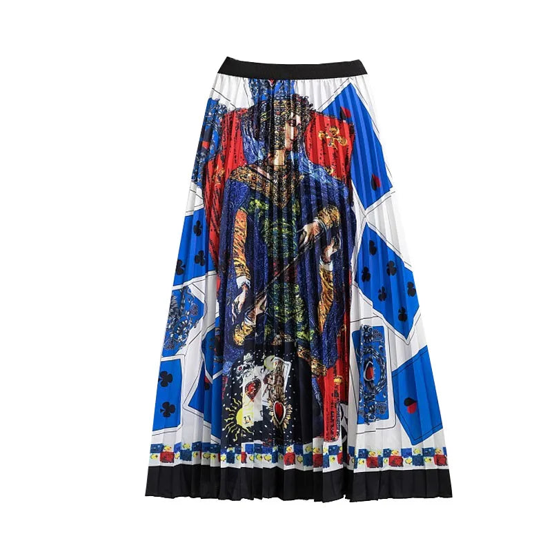 Casual Floral Midi Pleated Skirt For Women Fashion Printed Flower A Line Elastic High Waist Mid-length Skirt Female Ladies falda