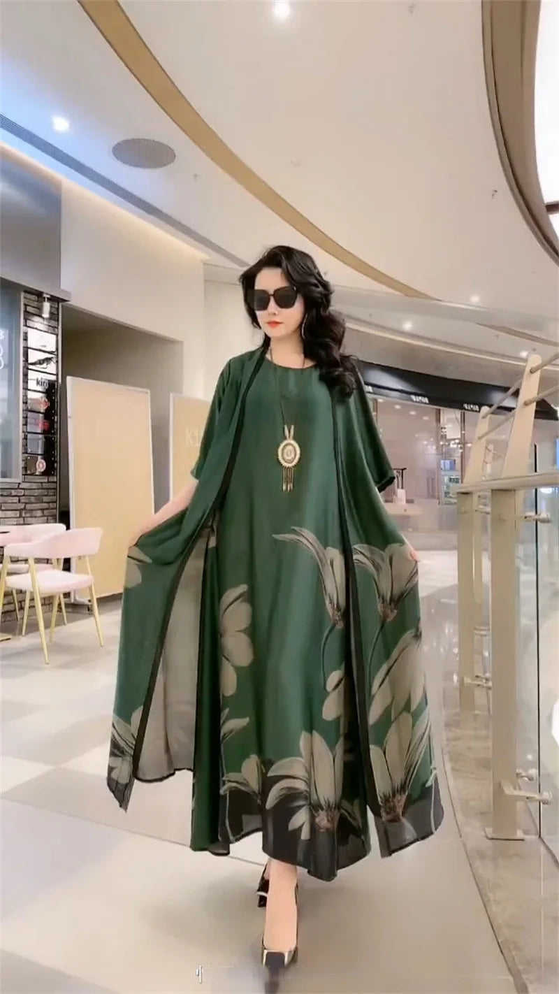 Middle Aged Mother Dress Suit Summer Casual Fashion Printing Two Piece Suits Long Dress Suits Women Temperament Dress Sets 729