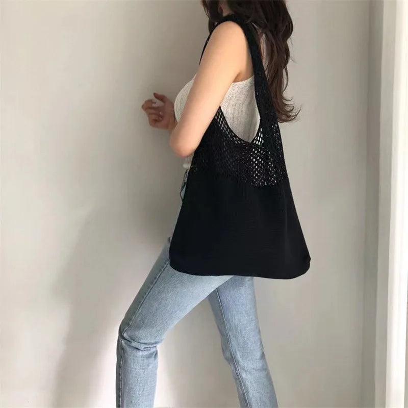 Custom Personalized Knitting Crochet Tote Bags Shoulder Handbags for Women Summer Beach Fashion Weaving Hollow Handbag