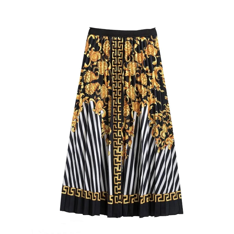 Casual Floral Midi Pleated Skirt For Women Fashion Printed Flower A Line Elastic High Waist Mid-length Skirt Female Ladies falda