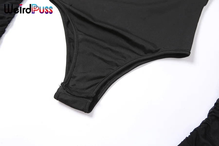 Weird Puss 2023 Mesh Patchwork Bodysuit Sexy Women Sleeve Ruched Skinny Turtleneck Bodycon Elegant Wild Tops Streetwear Outfits