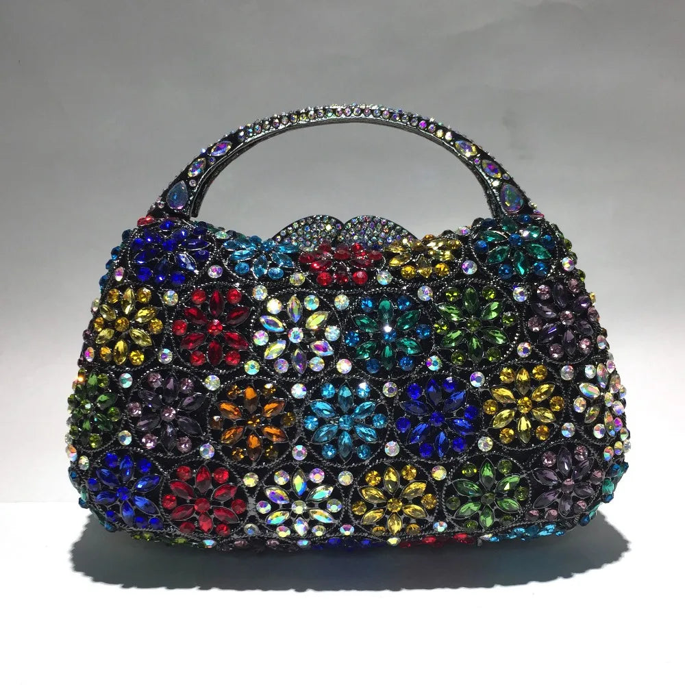 Women Champagne/Blue Color Stone Evening Bags Purses and Handbags Wedding Party Dinner Crystal Flower Clutch Bags Minaudiere Bag