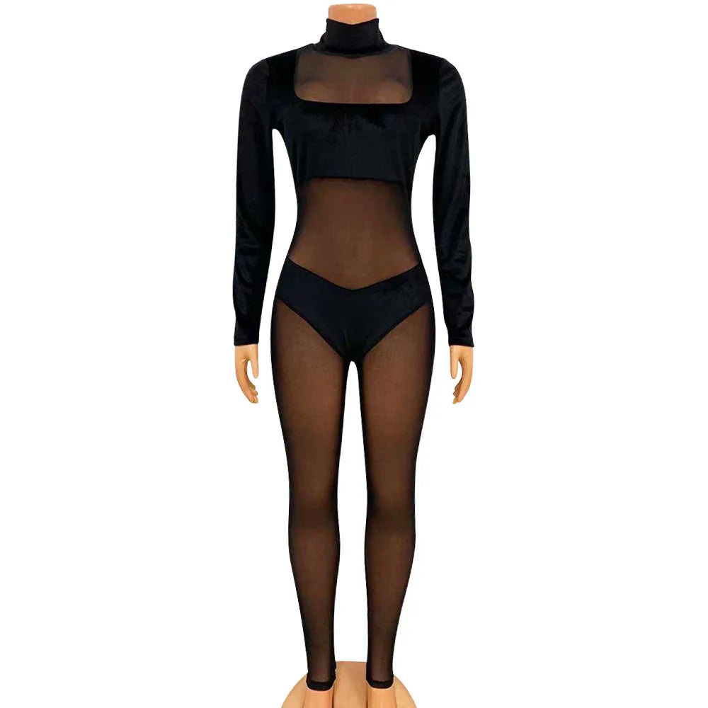 CM.YAYA Autumn Winter Women Long Sleeve Velvet Mesh Patchwork Jumpsuit Vintage Sexy Night Party Club One Piece Romper Playsuit