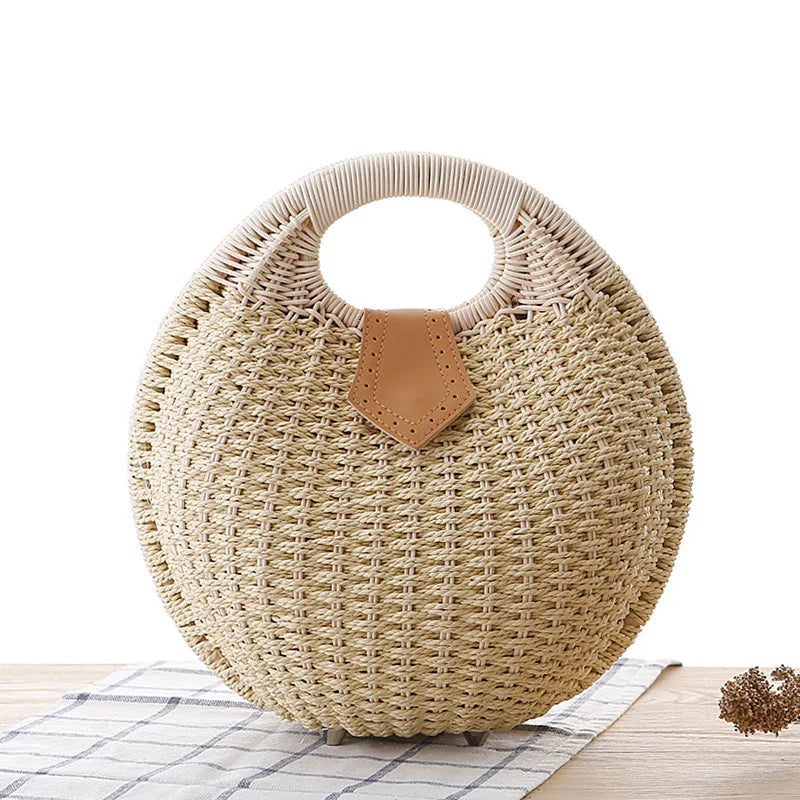 2025 Fashion Women's Shell Handbag Cute Rattan Straw Handwoven Totes Casual Simple Braided Top-handle Bag Shell Shape